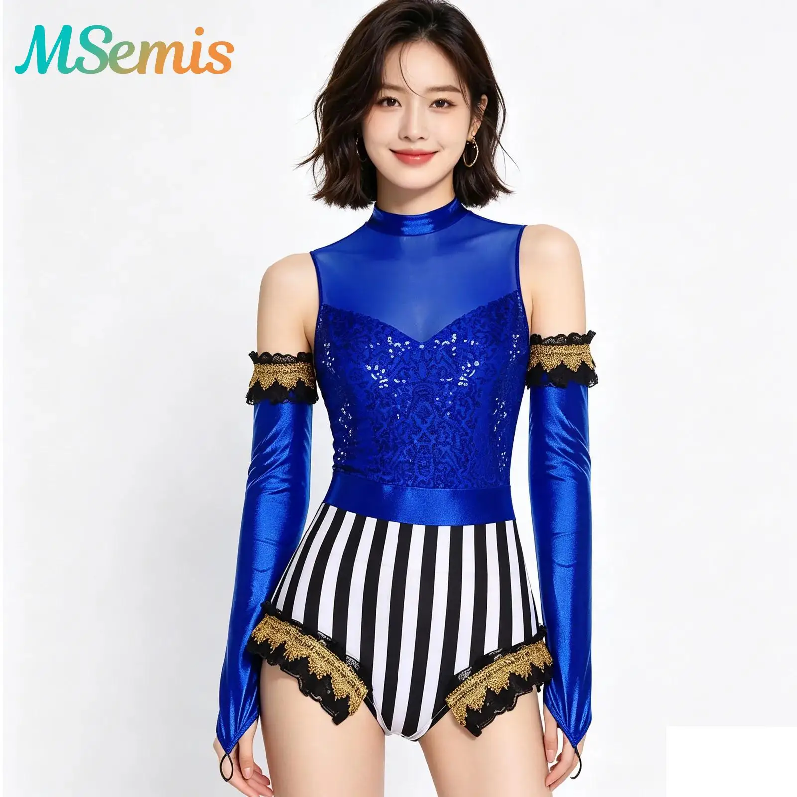 Womens Circus Ringmaster Lion Tamer Cosplay costume Sequined Ruffled Trim Leotard and Metallic Shiny Dance Bodysuit with Gloves
Womens Circus Ringmaster Lion Tamer Cosplay costume Sequined Ruffled Trim Leotard and Metallic Shiny Dance Bodysuit with Gloves