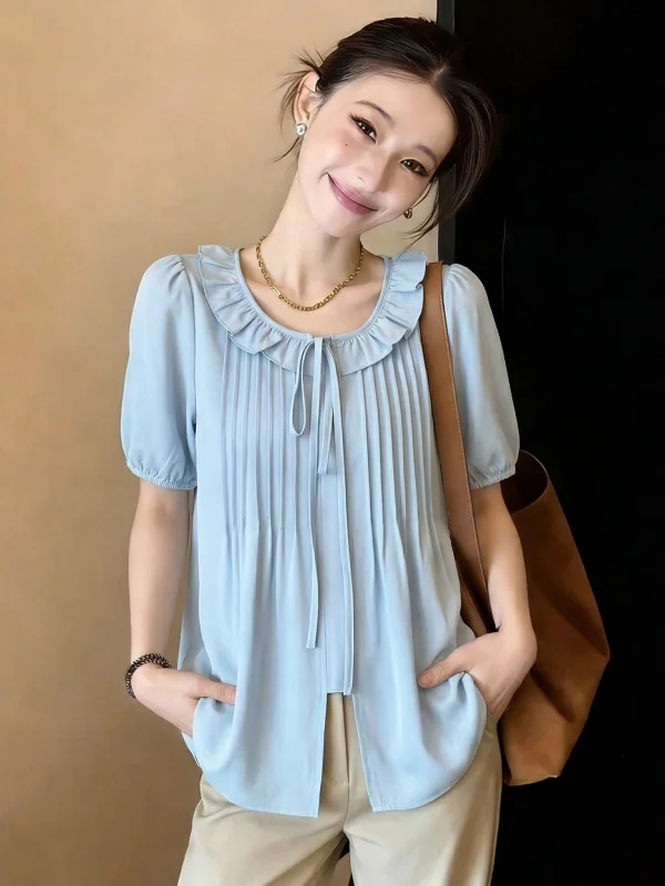 Light Blue Lace Collar Short Sleeve Shirt Women's Summer New plus Size Doll Shirt Anti-Aging Top Korean Style Loose Fit
Light Blue Lace Collar Short Sleeve Shirt Women's Summer New plus Size Doll Shirt Anti-Aging Top Korean Style Loose Fit