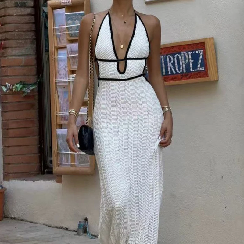 Lady Sexy Halter Deep V Waist Beach Dress Casual Color Blocked Sleeveless Robe Dresses Summer Beach Vacation Knitted Long Dress
Lady Sexy Halter Deep V Waist Beach Dress Casual Color Blocked Sleeveless Robe Dresses Summer Beach Vacation Knitted Long Dress