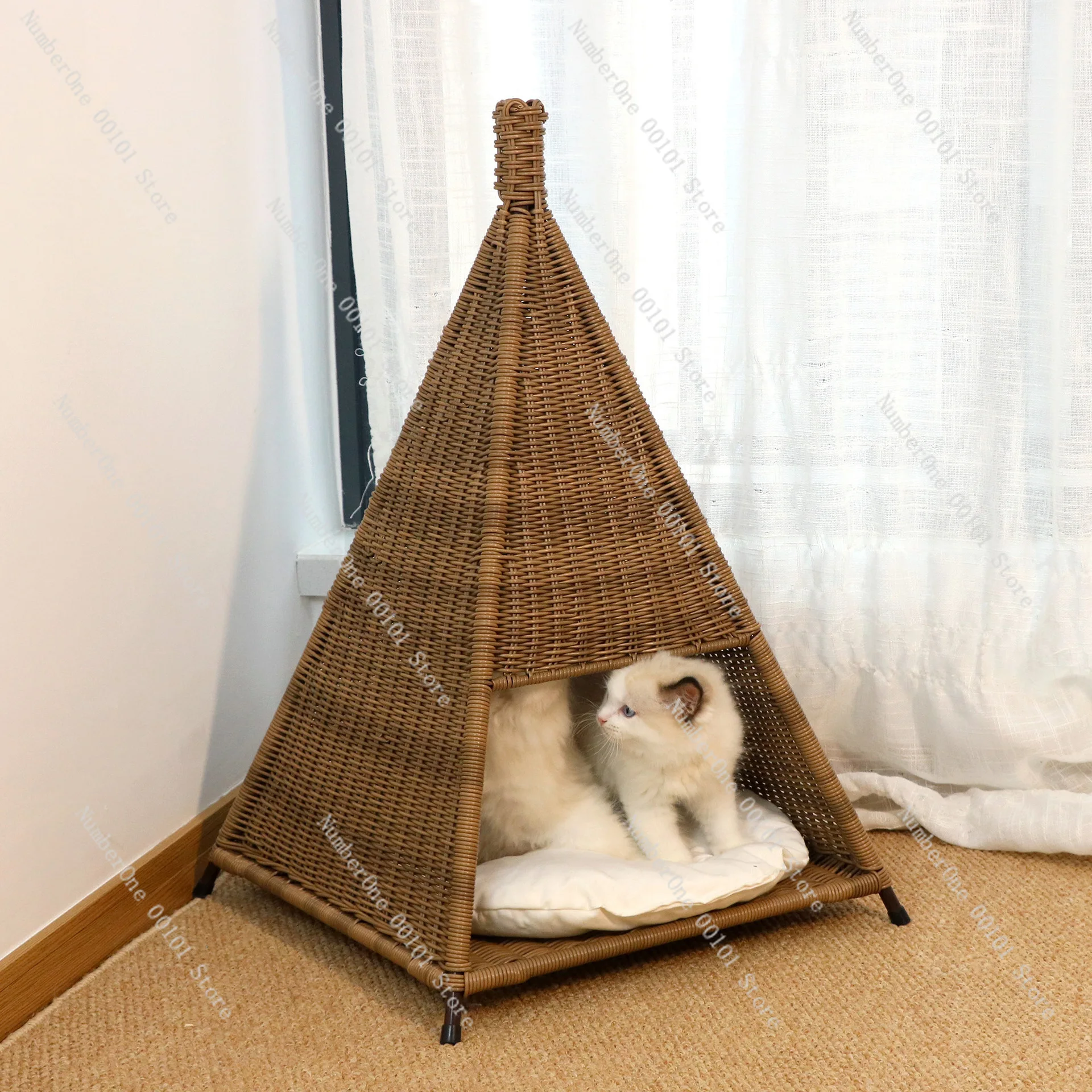 rattan cat nest, cool and breathable pet nest in summer, triangular spire pet nest + cotton pad + mat + ball
rattan cat nest, cool and breathable pet nest in summer, triangular spire pet nest + cotton pad + mat + ball