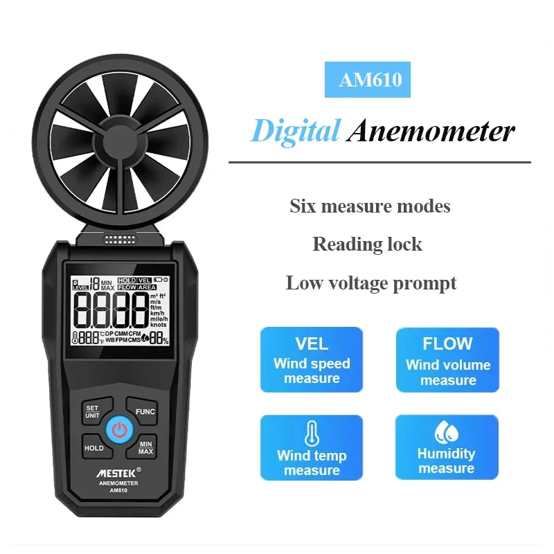 AM610 Digital Anemometer Handheld Wind Speed Meter LCD Air Speed Tester Air Velocity Detector Wind Chill Speed Measurement
AM610 Digital Anemometer Handheld Wind Speed Meter LCD Air Speed Tester Air Velocity Detector Wind Chill Speed Measurement