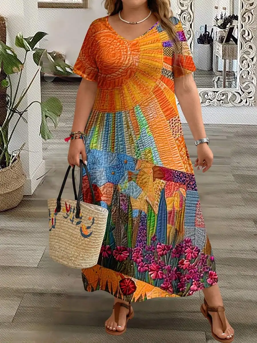 Plus Size Women Casual V-Neck Short Sleeve Patchwork Maxi Dress Summer
Plus Size Women Casual V-Neck Short Sleeve Patchwork Maxi Dress Summer
