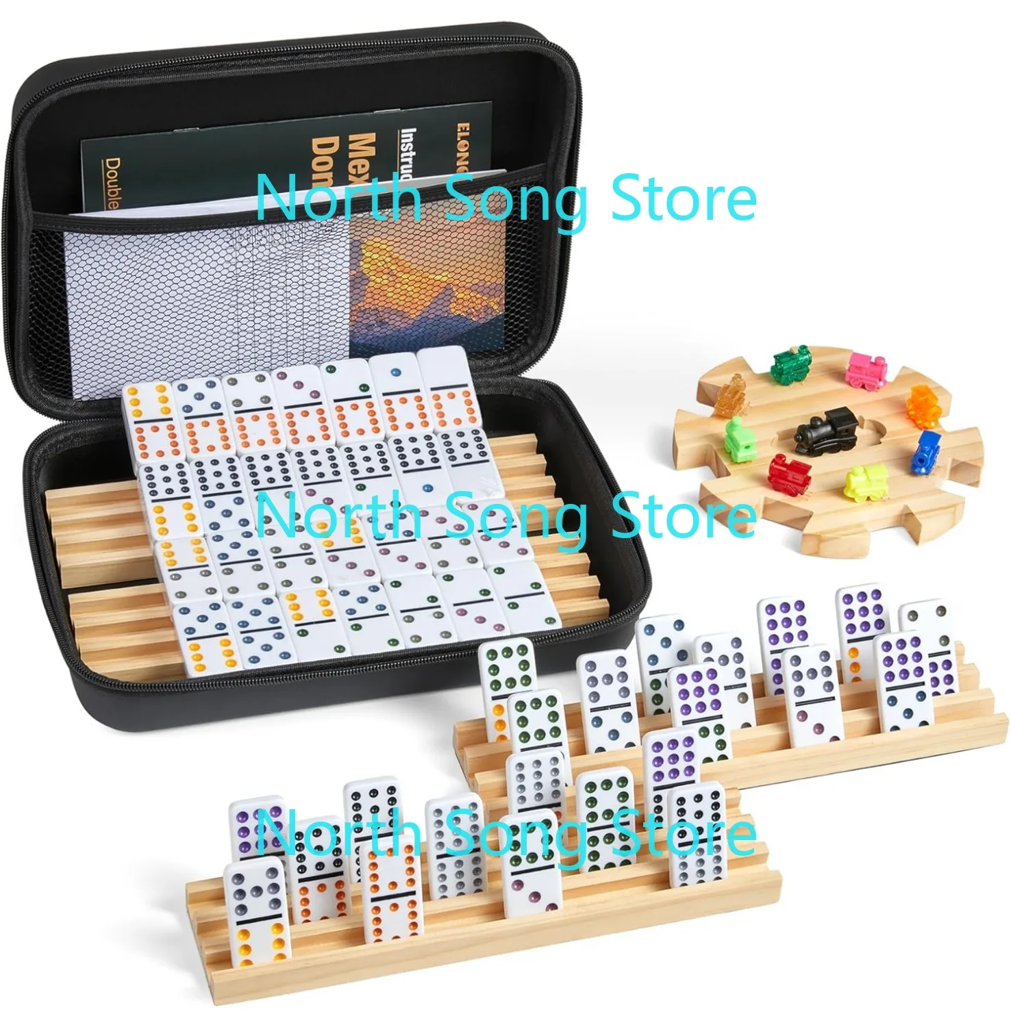 Mexican Train Double 12 Dominoes Set with 4 Wooden Trays/Racks in Portable Carrying Case Colorful 91 Tiles & 9 Trains Board Game
Mexican Train Double 12 Dominoes Set with 4 Wooden Trays/Racks in Portable Carrying Case Colorful 91 Tiles & 9 Trains Board Game