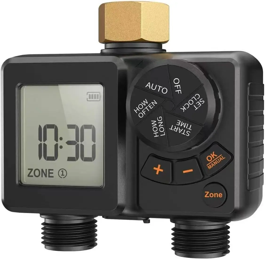 2 Zone Sprinkler Timer with Lithium Battery, Brass Inlet, Delay/Manual/Automatic Watering for Garden, Lawn, Yard IPX6 Waterproof
2 Zone Sprinkler Timer with Lithium Battery, Brass Inlet, Delay/Manual/Automatic Watering for Garden, Lawn, Yard IPX6 Waterproof