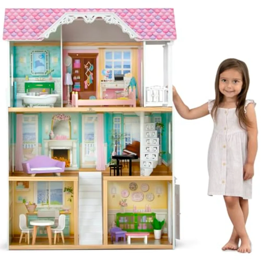 Pretend play dollhouse for ages 3+, large 3-story wooden structure with 7 rooms and 12 accessories, natural wood finish, spacio
Pretend play dollhouse for ages 3+, large 3-story wooden structure with 7 rooms and 12 accessories, natural wood finish, spacio