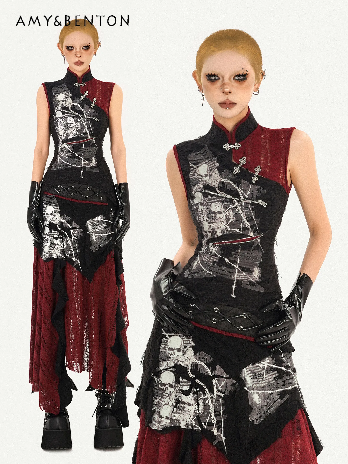 Summer New Chinese Style Gothic Skeleton Print Irregular Sleeveless Qipao Top + Long Maxi Skirt Punk Streetwear 2-Piece Set
Summer New Chinese Style Gothic Skeleton Print Irregular Sleeveless Qipao Top + Long Maxi Skirt Punk Streetwear 2-Piece Set