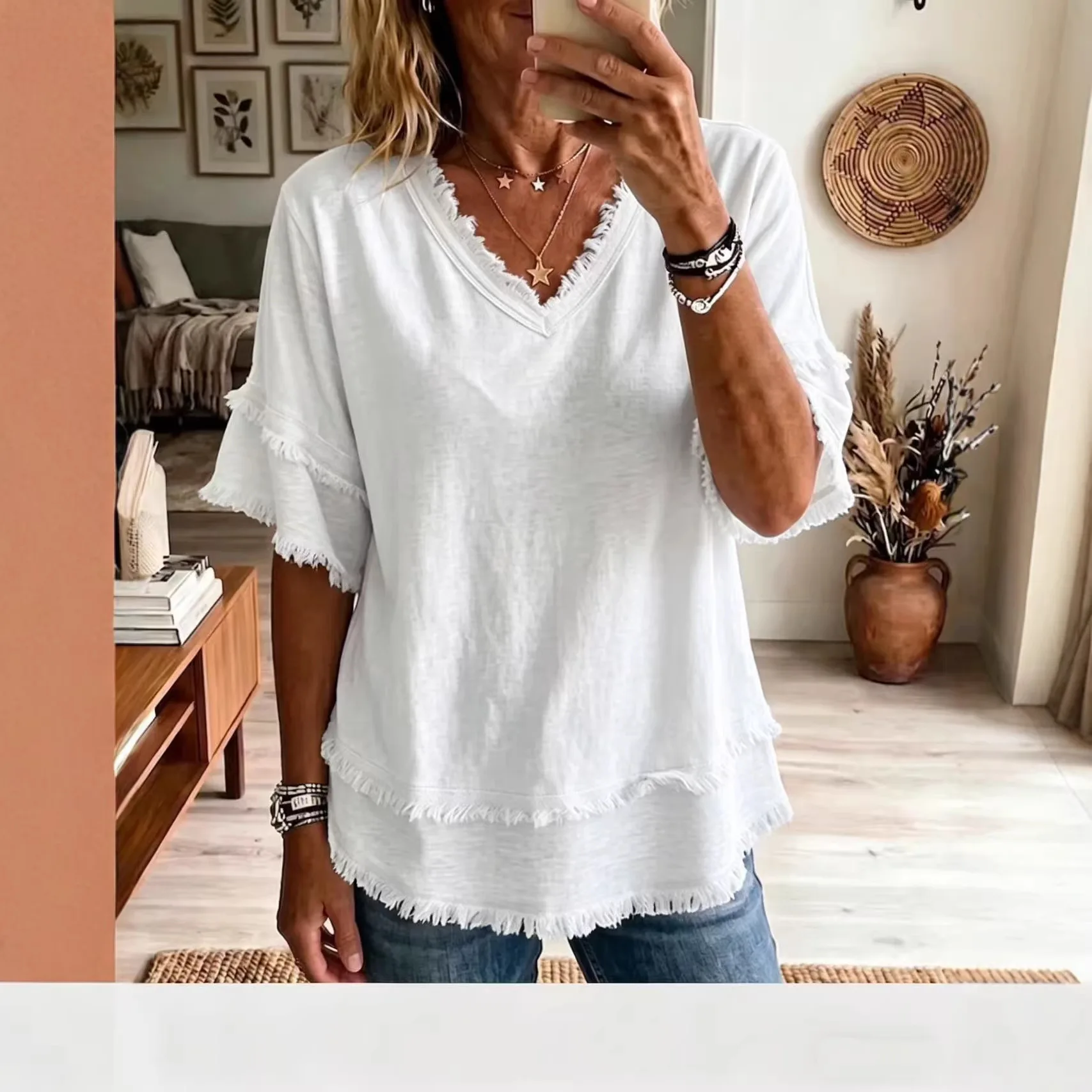 Summer Women Blouse Blusas Solid Color Casual V Neck Blouses Daily Wear Tiered Fringe Hem Short Sleeve Loose Fit Shirts Tops
Summer Women Blouse Blusas Solid Color Casual V Neck Blouses Daily Wear Tiered Fringe Hem Short Sleeve Loose Fit Shirts Tops
