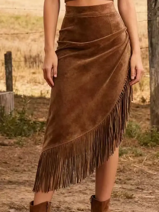 Retro Western Fringe Asymmetrical Suede Skirt Women's Skirt High Waist Micro Stretch Bodycon Skirt by TK Brand
Retro Western Fringe Asymmetrical Suede Skirt Women's Skirt High Waist Micro Stretch Bodycon Skirt by TK Brand