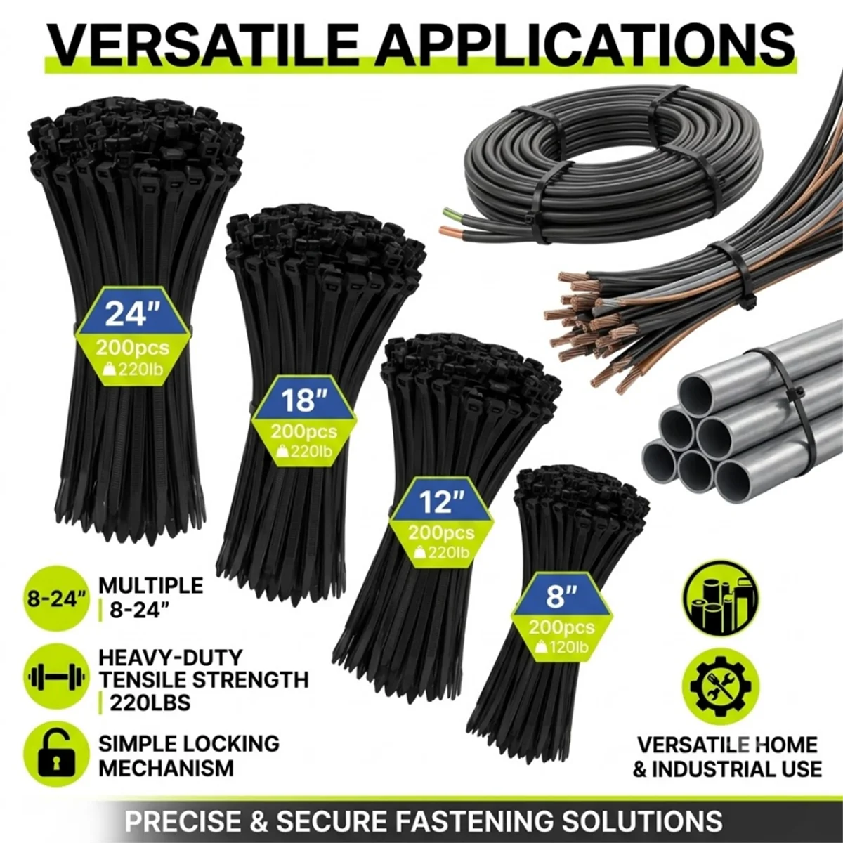 800Pcs Heavy Duty Cable Ties 8 12 18 24 Inch 220 Lbs Tensile Strength UV Resistant Nylon Zip Ties for Wire industrial materials
800Pcs Heavy Duty Cable Ties 8 12 18 24 Inch 220 Lbs Tensile Strength UV Resistant Nylon Zip Ties for Wire industrial materials