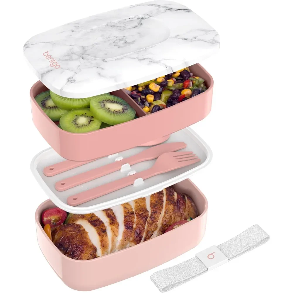 3-Section Stackable Lunch Box for Adults – With Utensils, Sealing Strap & Nesting Design, Microwave Safe (Blush Marble)
