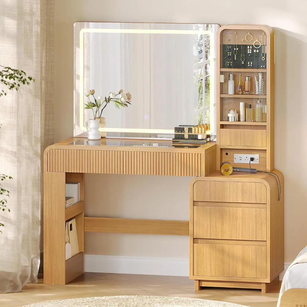 Makeup Vanity Desk with Mirror and Lights, 55.51 Fluted Vanity with 5 Drawer, Glass Top Large Wood Vanity Table with Adjustable
Makeup Vanity Desk with Mirror and Lights, 55.51 Fluted Vanity with 5 Drawer, Glass Top Large Wood Vanity Table with Adjustable