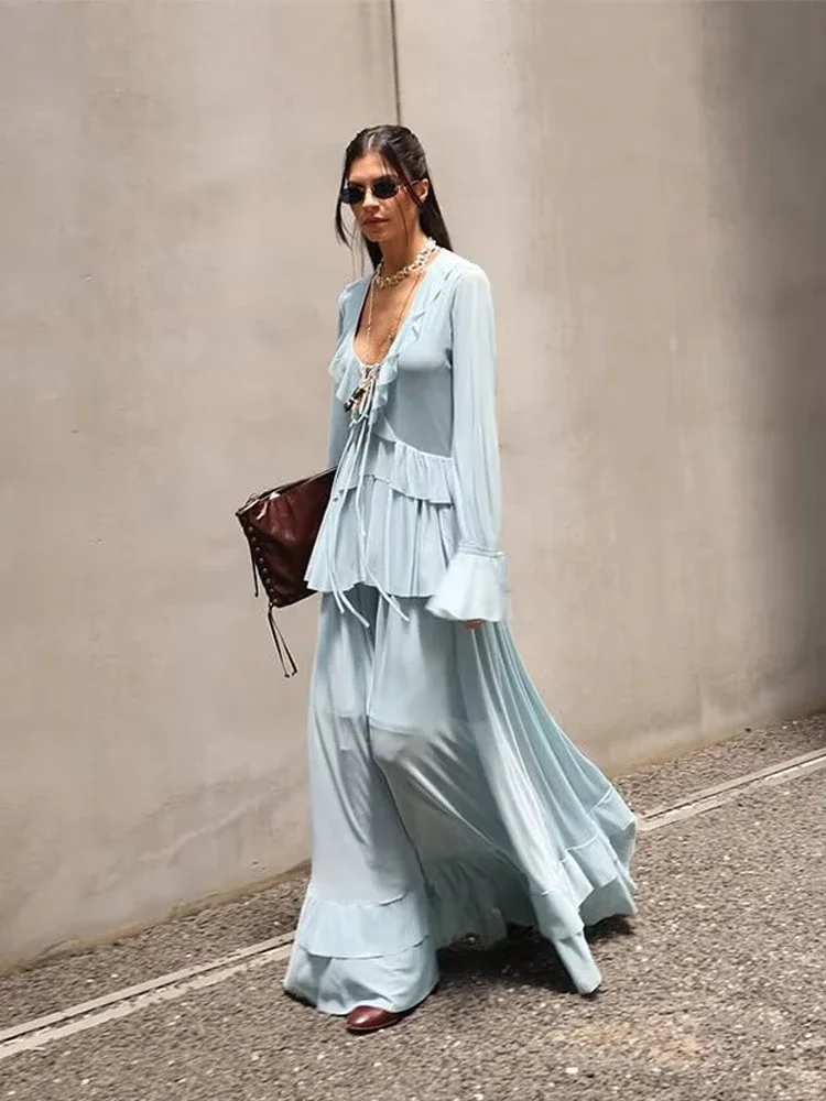 Fashion Women Ruffle Shirts Skirts Set Elegant Long Sleeve V-Neck Shirt Pleated Empire Skirt 2025 Summer Vacation Lady Suit
Fashion Women Ruffle Shirts Skirts Set Elegant Long Sleeve V-Neck Shirt Pleated Empire Skirt 2025 Summer Vacation Lady Suit