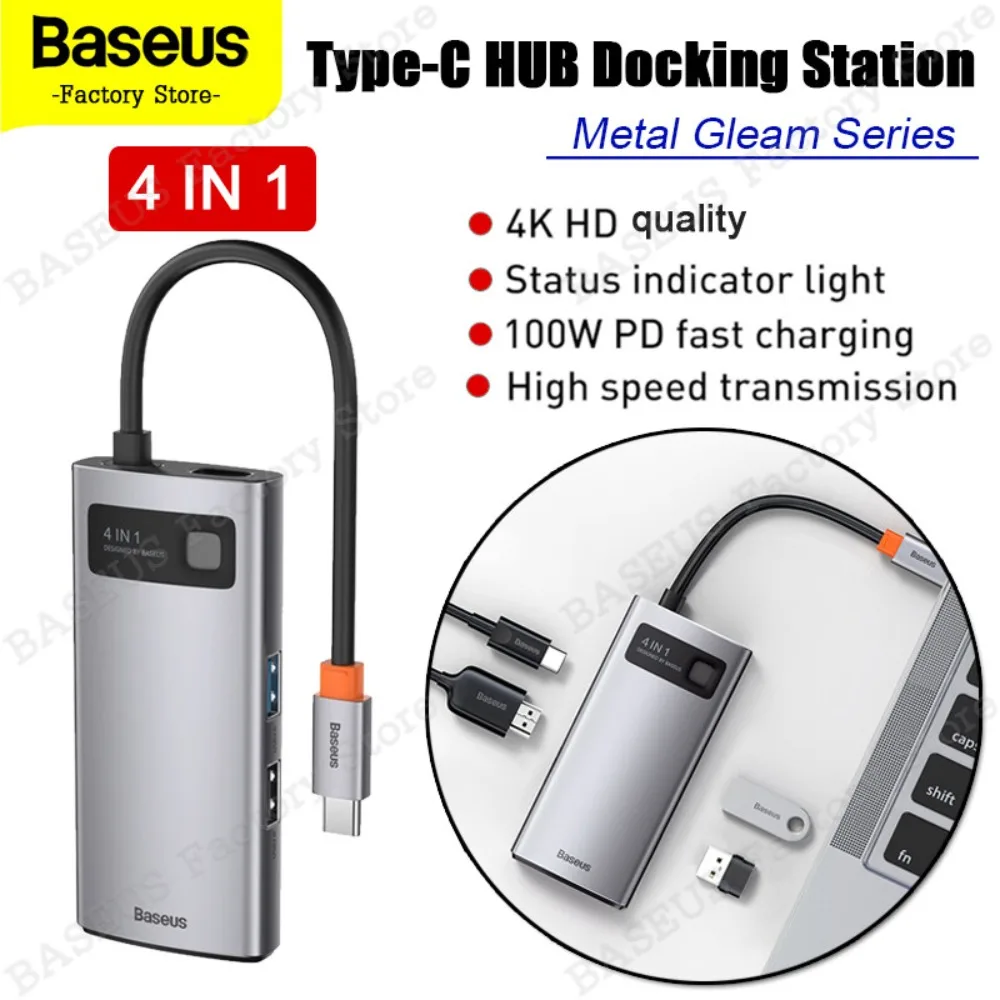 Baseus 4-in-1 HUB Type-C Docking Station 100W PD Fast Charging USB 3.0 Hight Speed Transmission 4K HD Light Mini Portable
Baseus 4-in-1 HUB Type-C Docking Station 100W PD Fast Charging USB 3.0 Hight Speed Transmission 4K HD Light Mini Portable