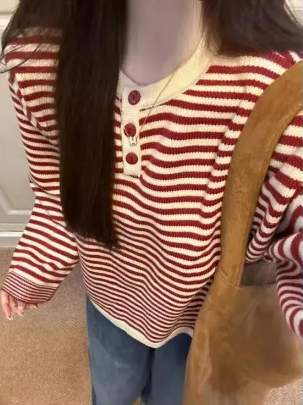 Soft Cozy Knitted Sweater Women's round Ne Long Sve Loose Fit Autumn Winter New Sle Red Stripes College Sle Top
Soft Cozy Knitted Sweater Women's round Ne Long Sve Loose Fit Autumn Winter New Sle Red Stripes College Sle Top