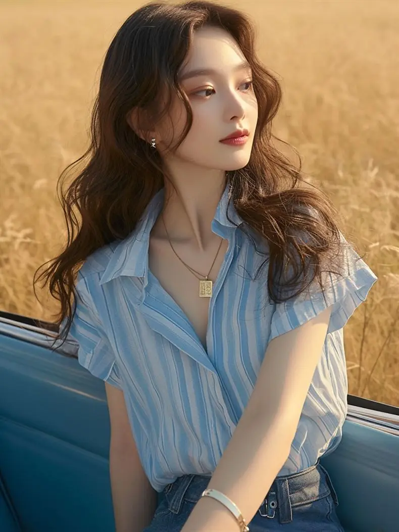 Fashion French Temperament Top Blue Short-sleeved Striped Shirt Women Summer New Cardigan
Fashion French Temperament Top Blue Short-sleeved Striped Shirt Women Summer New Cardigan