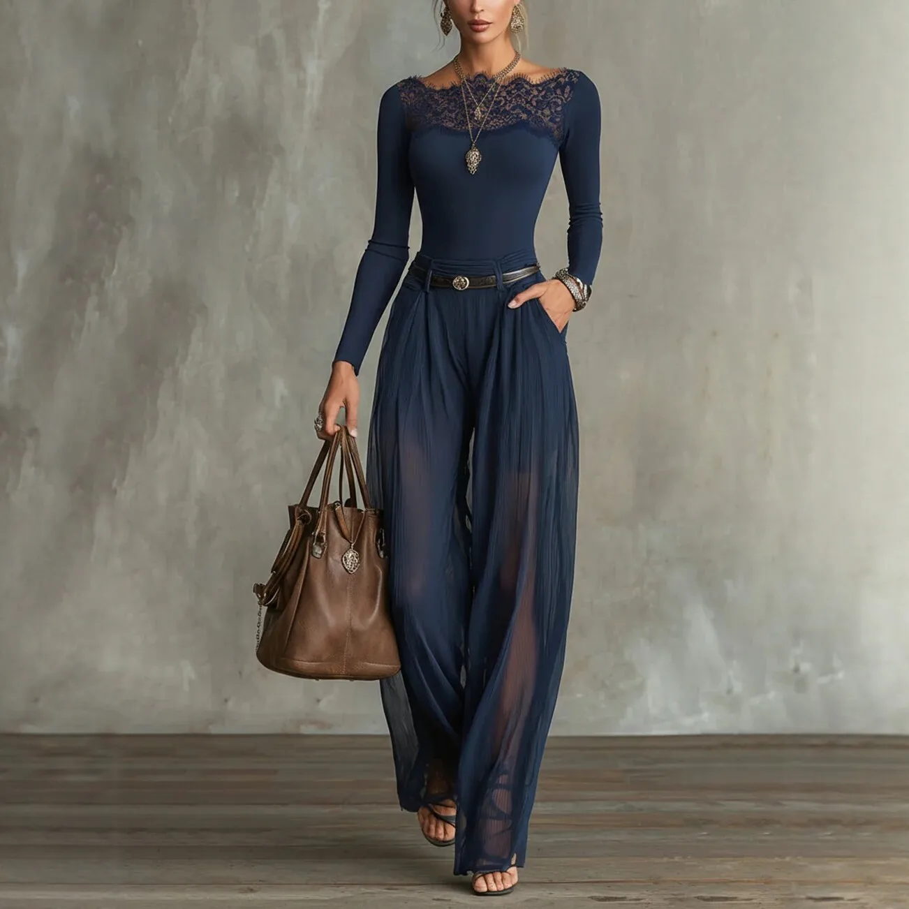 2026 European and American Women's Clothing Lace Stitching Long Sleeve Top High Waist Wide Leg Pants Suit Fashion Casual
2026 European and American Women's Clothing Lace Stitching Long Sleeve Top High Waist Wide Leg Pants Suit Fashion Casual