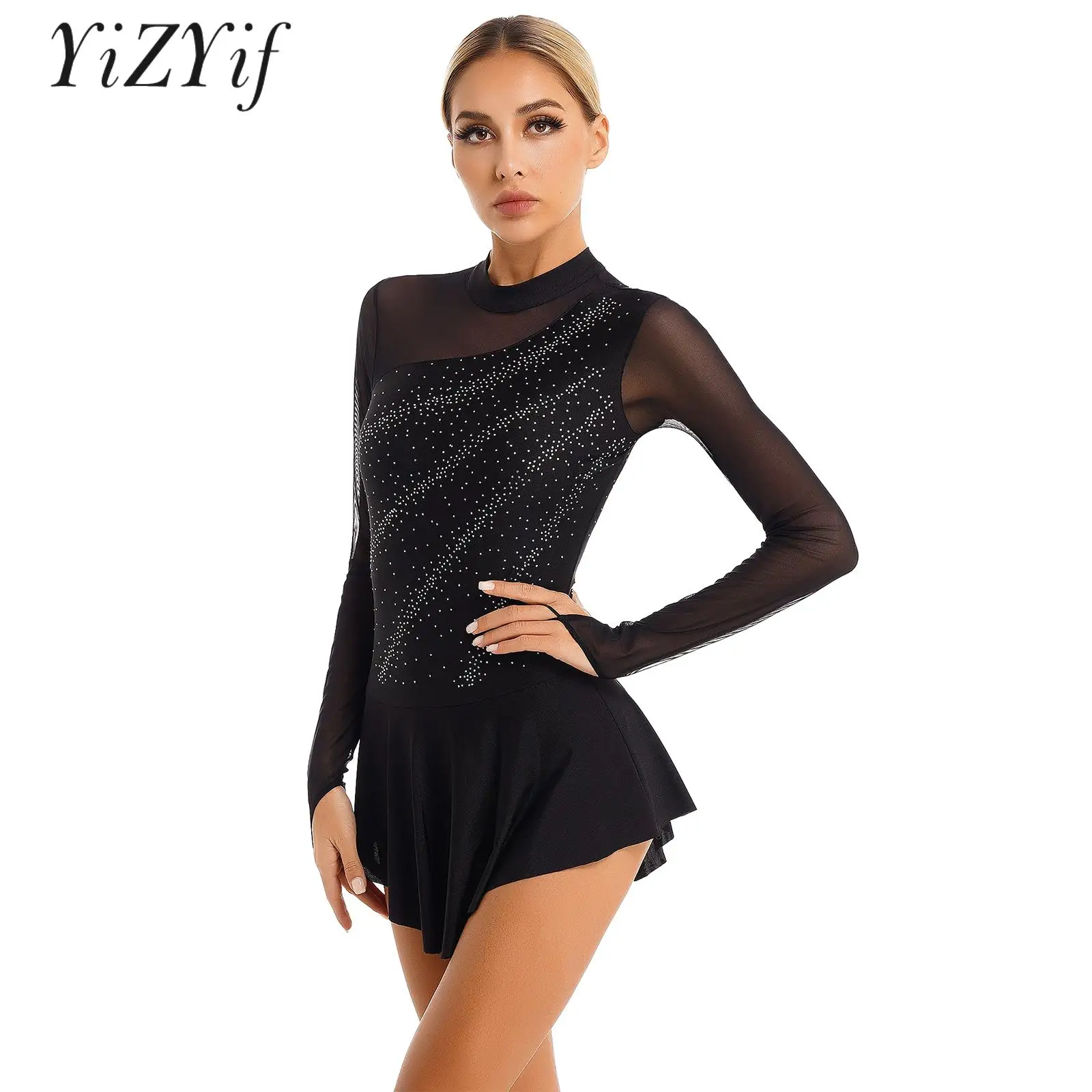 Womens Figure Skating Dance Dress Glitter Rhinestone Sheer Mesh Patchwork Long Sleeve Ballet Leotard for Performance Competition
Womens Figure Skating Dance Dress Glitter Rhinestone Sheer Mesh Patchwork Long Sleeve Ballet Leotard for Performance Competition