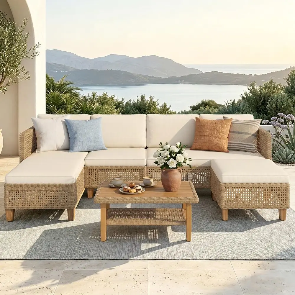5-Piece Rattan Outdoor Sectional Sofa Set with Acacia Wood Coffee Table, Suitable for Patio, Garden, or Balcony, Beige
5-Piece Rattan Outdoor Sectional Sofa Set with Acacia Wood Coffee Table, Suitable for Patio, Garden, or Balcony, Beige