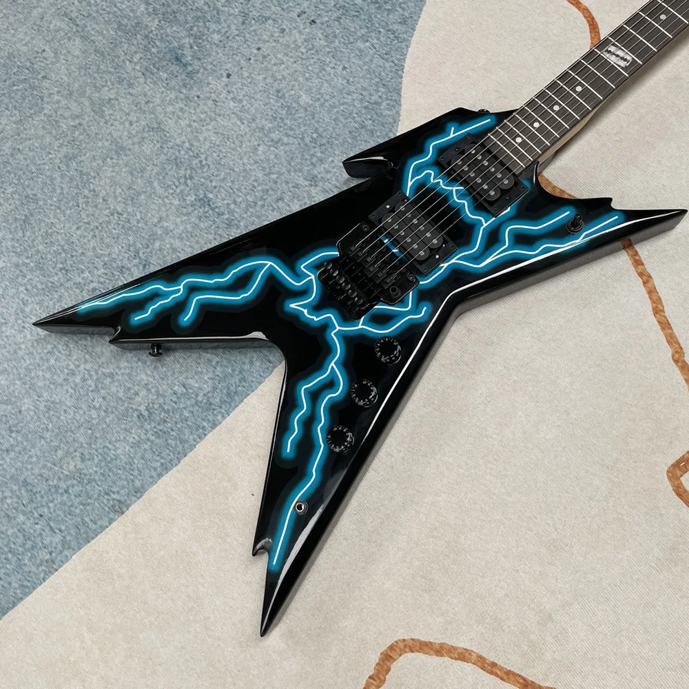 Black 6-string electric guitar, double vibrato joystick, guitar solo playing guitar, blue lightning pattern panel
Black 6-string electric guitar, double vibrato joystick, guitar solo playing guitar, blue lightning pattern panel