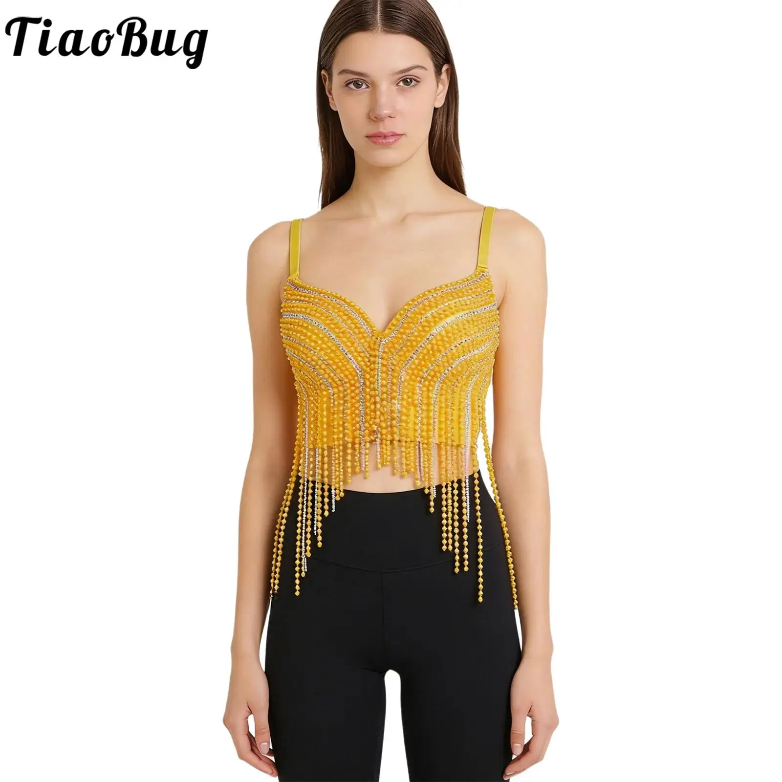 Women Belly Dance Tassel Bustier Crop Vest Push-up Underwire Bra Plastic Beads And Rhinestones Tassel Camisole for Club Party
Women Belly Dance Tassel Bustier Crop Vest Push-up Underwire Bra Plastic Beads And Rhinestones Tassel Camisole for Club Party