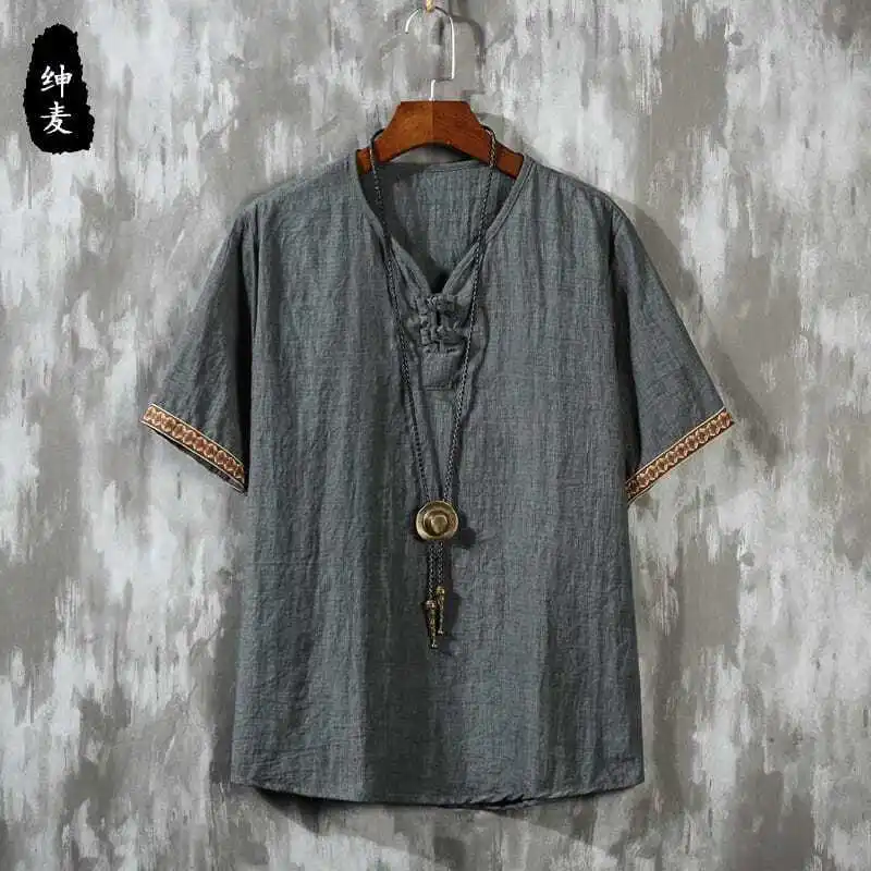Men's Cotton Linen Short Sleeve T-shirt, Loose Plus Size Chinese Style Embroidery Thin Casual Frog Button Retro Cotton Linen Top
Men's Cotton Linen Short Sleeve T-shirt, Loose Plus Size Chinese Style Embroidery Thin Casual Frog Button Retro Cotton Linen Top