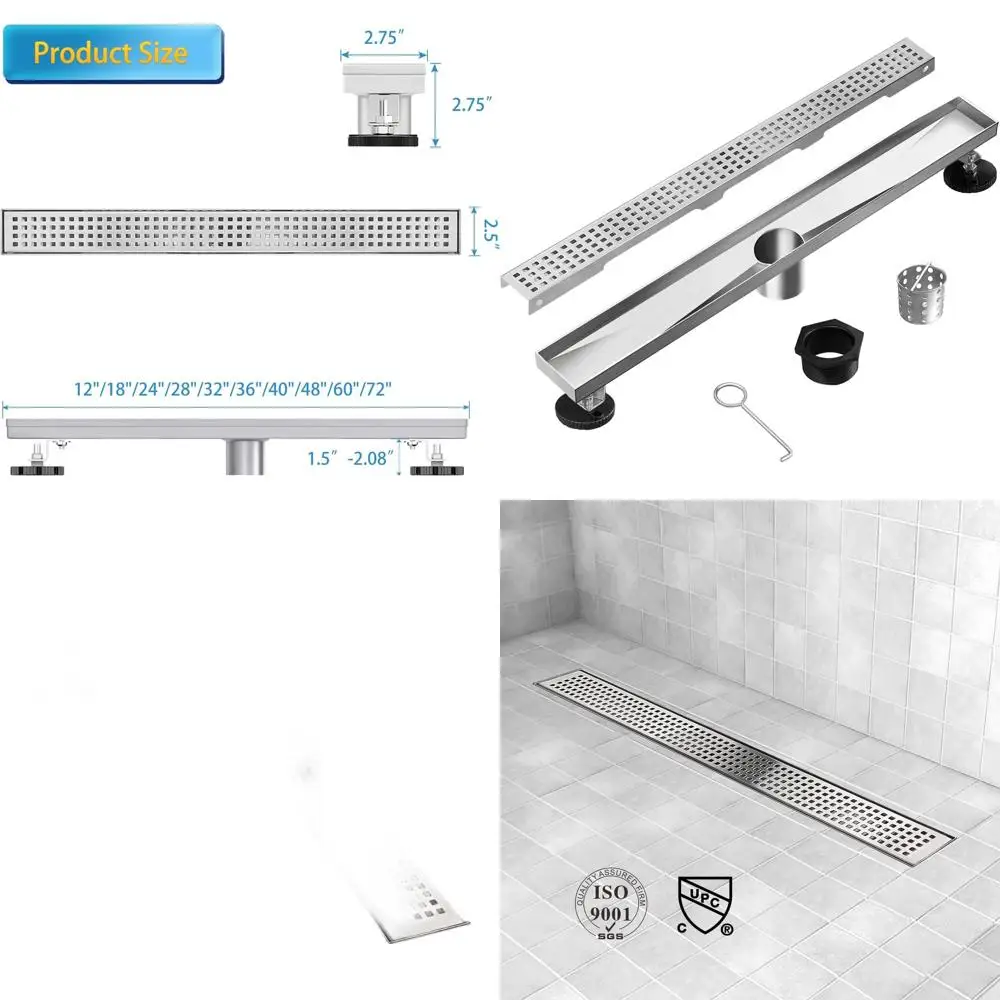 40 Linear Shower Drain with Removable Grate, 304 Stainless Steel, Hair Catcher, Leveling Feet
40 Linear Shower Drain with Removable Grate, 304 Stainless Steel, Hair Catcher, Leveling Feet