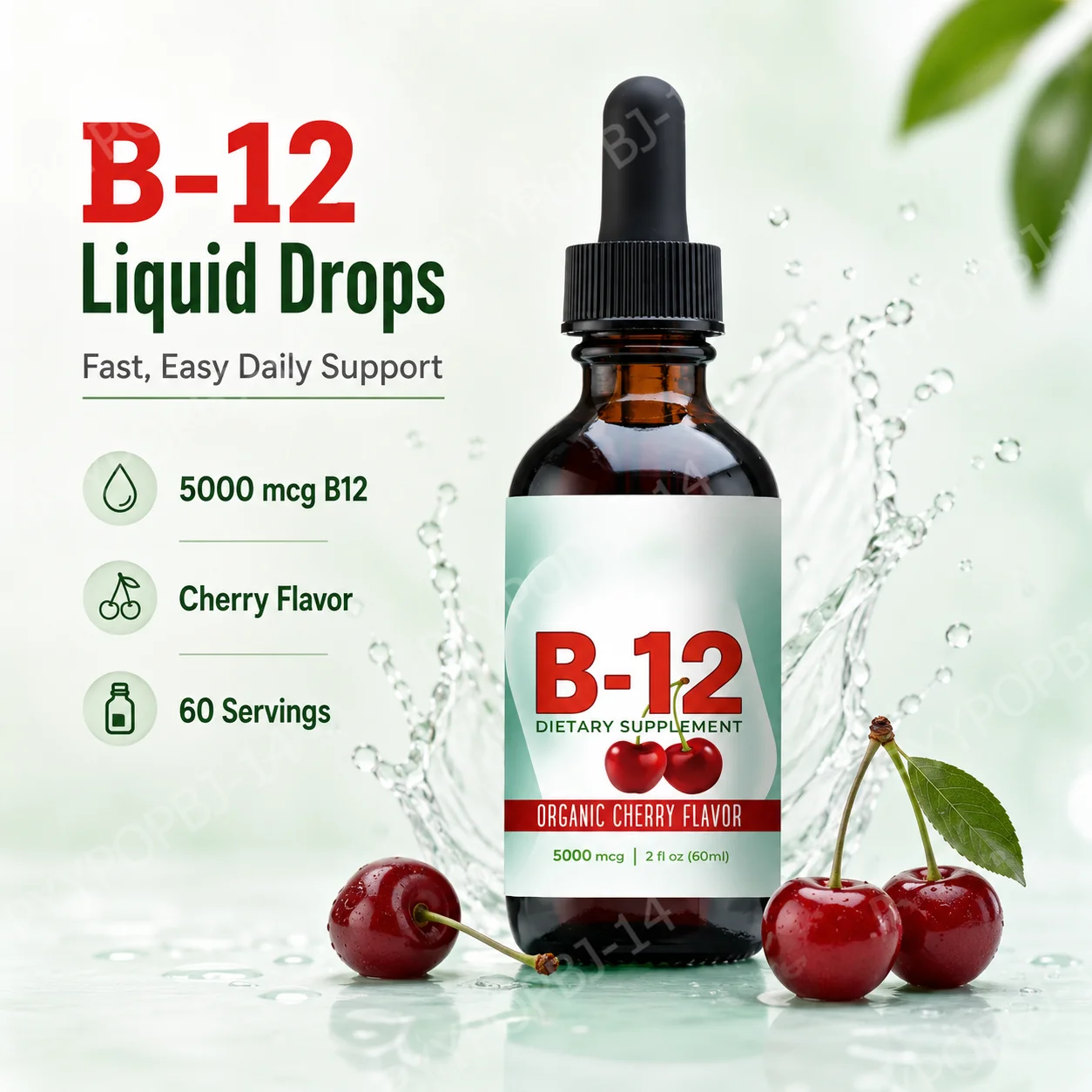 Vitamin B12 Methylcobalamin Liquid Drops 5000 Mcg, Cherry Flavor, 2 Fl Oz, 60 Servings, Vegan Sugar Free Daily Supplement
Vitamin B12 Methylcobalamin Liquid Drops 5000 Mcg, Cherry Flavor, 2 Fl Oz, 60 Servings, Vegan Sugar Free Daily Supplement