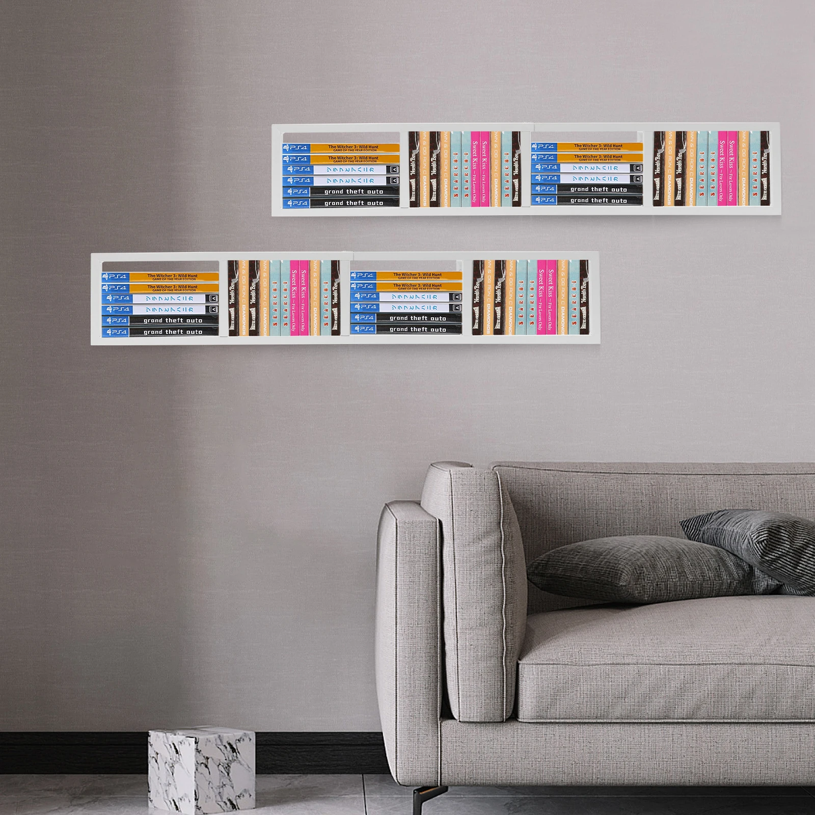 2Pcs CD Racks, 34 Inch Media Storage Rack, Wall Mounted CD Organizer Metal Shelf, Storage Floating Shelf for CDs, Books (White)