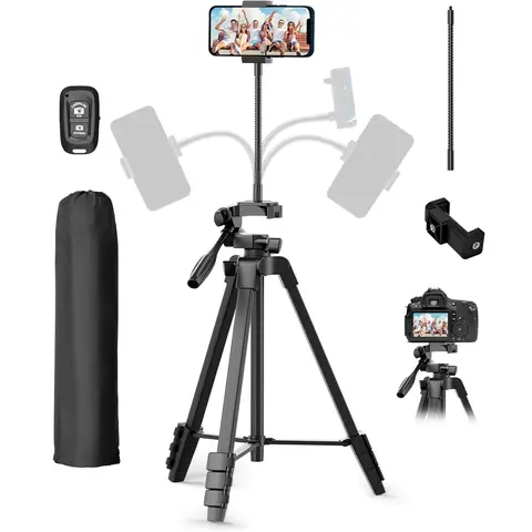 62’’ Phone Tripod Stand with Flexible Gooseneck, Portable Tripod for iPhone and Camera, Overhead Cellphone Holder