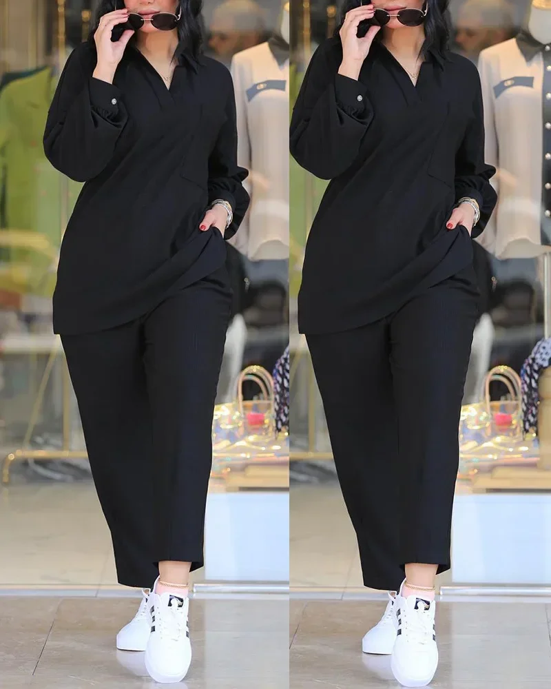 Women Spring Summer 2pcs Clothes Set Lantern Sleeve Top & Pocket Design Pants Set Solid Color Shirt Long Pants
Women Spring Summer 2pcs Clothes Set Lantern Sleeve Top & Pocket Design Pants Set Solid Color Shirt Long Pants
