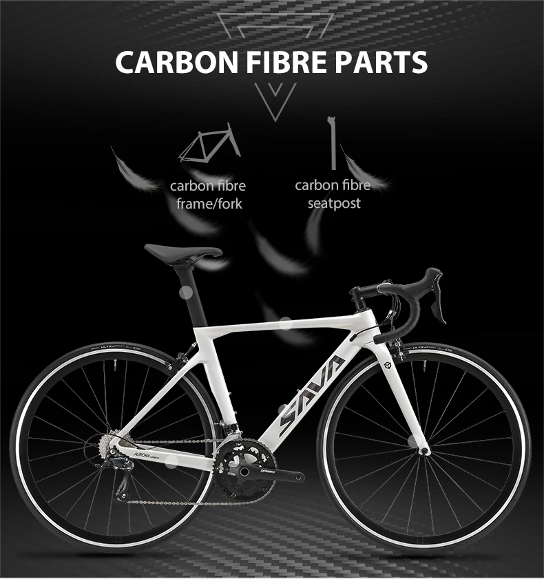 SAVA 18-speed carbon fiber road bike with SHIMAN0 SORA R3000 adult carbon fiber road bike with V-brakes
SAVA 18-speed carbon fiber road bike with SHIMAN0 SORA R3000 adult carbon fiber road bike with V-brakes