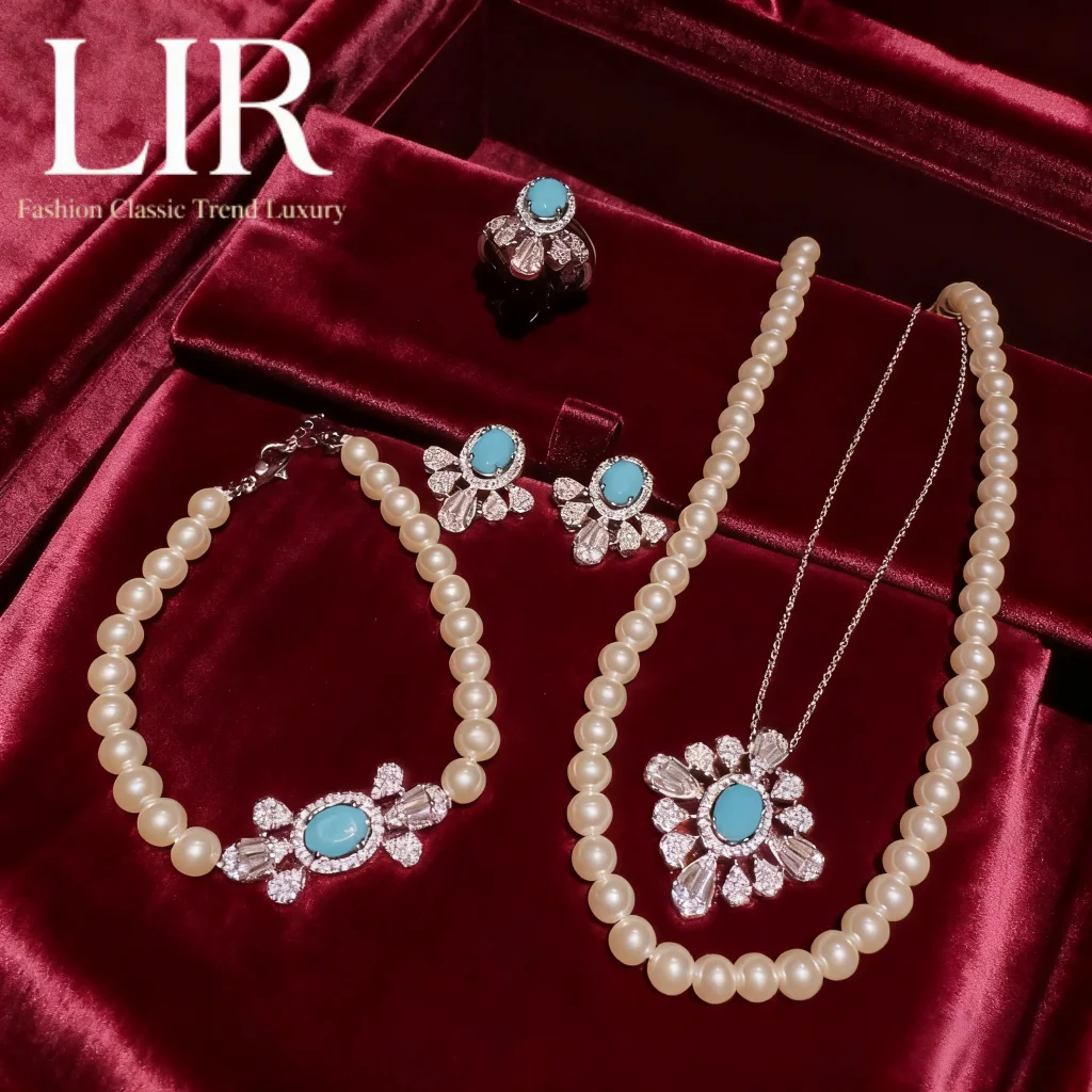 LIR женский комплект ювелирных изделий на заказ, итальянская Корона, капля, бирюзовая ракушка, жемчужное ожерелье, винтажный браслет с лепестками циркона, серьги, кольцо 
LIR женский комплект ювелирных изделий на заказ, итальянская Корона, капля, бирюзовая ракушка, жемчужное ожерелье, винтажный браслет с лепестками циркона, серьги, кольцо