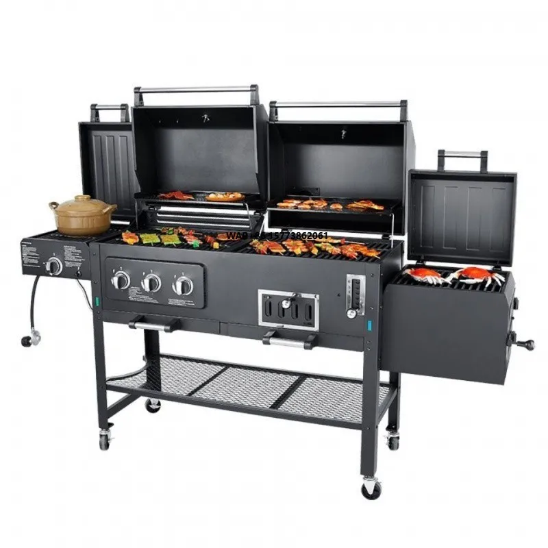 Открытый сад, большой газовый и угольный гриль, комбинированный бездымный барбекю, барбекю, коммерческая тележка для гриля с курительной печью
Открытый сад, большой газовый и угольный гриль, комбинированный бездымный барбекю, барбекю, коммерческая тележка для гриля с курительной печью
