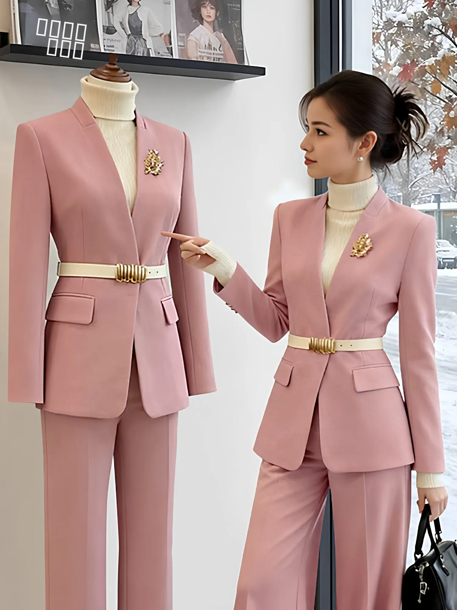 Winter New Profional Tailored Suit Set Women's Pink Waist-Cinching Career Outerwear Two-Piece Set Sli Commute Faion
Winter New Profional Tailored Suit Set Women's Pink Waist-Cinching Career Outerwear Two-Piece Set Sli Commute Faion