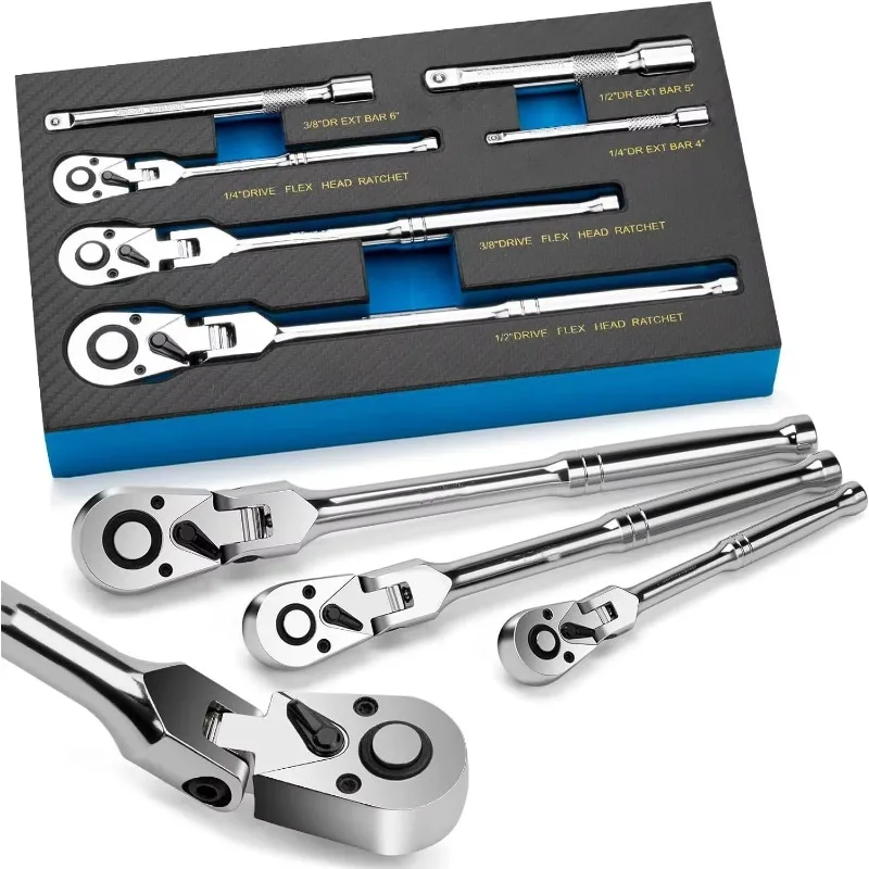 6Pcs Flexible Head Ratchet Wrench Set with EVA Foam 1/4 "3/8" 1/2 "Drive 72t Quick Release 180 Angle Adjustable Wrench
6Pcs Flexible Head Ratchet Wrench Set with EVA Foam 1/4 "3/8" 1/2 "Drive 72t Quick Release 180 Angle Adjustable Wrench