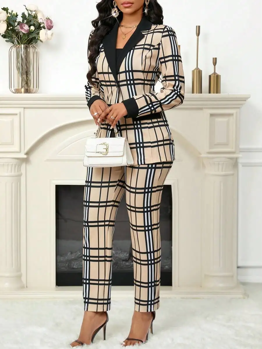 Plaid Print Womens Two Piece Suit Set With Black Collar For Office And Party
Plaid Print Womens Two Piece Suit Set With Black Collar For Office And Party