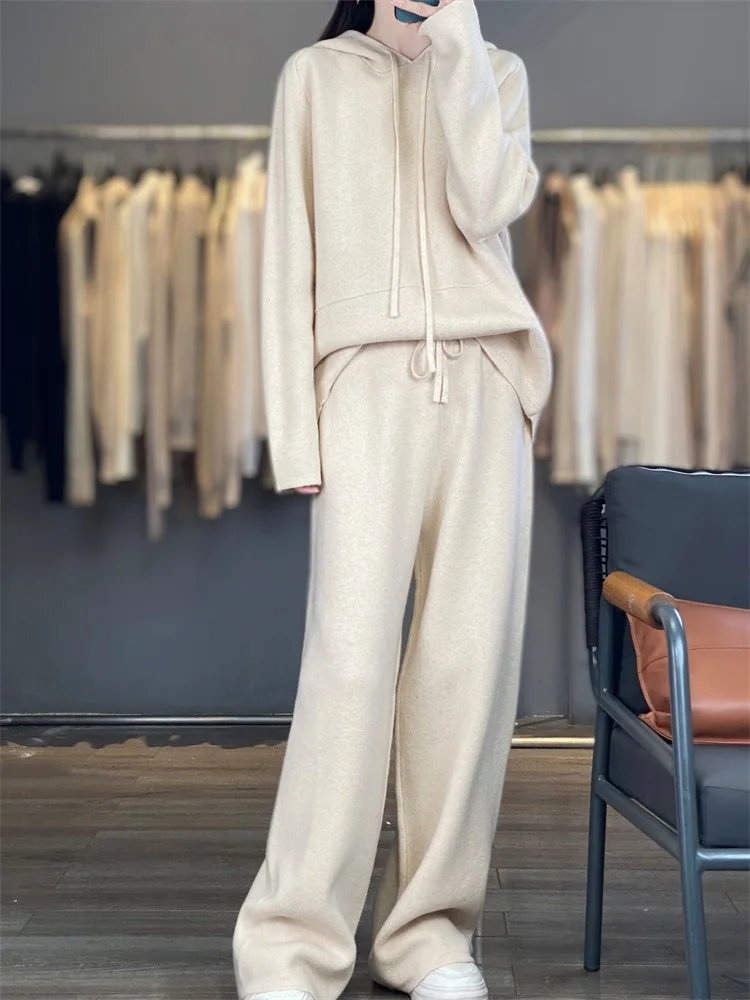 Women's Matching Set 100% Merino Wool Hooded Collar Sweater Elastic Waist Pants Two-Piece Set Knitted Casual Loose
Women's Matching Set 100% Merino Wool Hooded Collar Sweater Elastic Waist Pants Two-Piece Set Knitted Casual Loose
