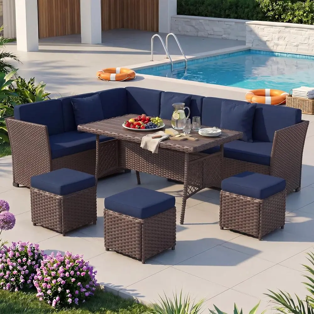 7-Piece Outdoor Dining Set, Weather-Resistant Rattan, Sectional Sofa with Large Table and Ottoman, Brown-Navy
7-Piece Outdoor Dining Set, Weather-Resistant Rattan, Sectional Sofa with Large Table and Ottoman, Brown-Navy