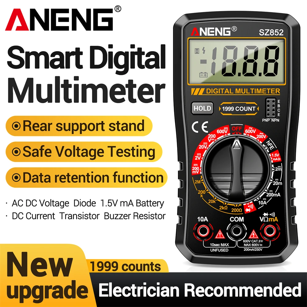 ANENG SZ852 Professional Digital Multimeter 1999 Counts AC/DC Voltage Ammeter Buzzer 1.5V Battery Measurement Data Hold Detector
ANENG SZ852 Professional Digital Multimeter 1999 Counts AC/DC Voltage Ammeter Buzzer 1.5V Battery Measurement Data Hold Detector