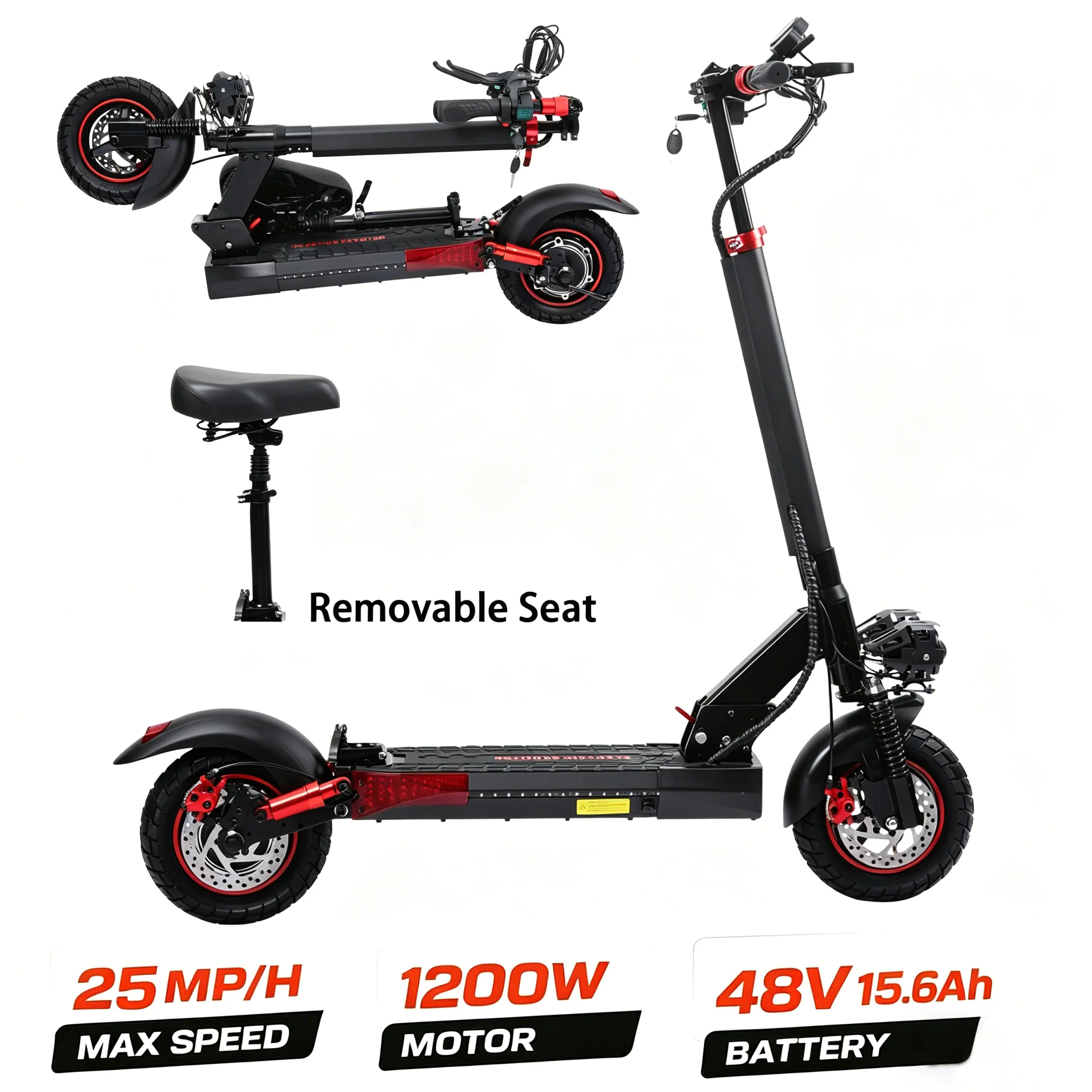 1200W Electric Scooter with Removable Seat, 10'' Off Road Tires, 25mph, 48V 15.6Ah Battery, Dual Suspension Commuter Scooter
1200W Electric Scooter with Removable Seat, 10'' Off Road Tires, 25mph, 48V 15.6Ah Battery, Dual Suspension Commuter Scooter