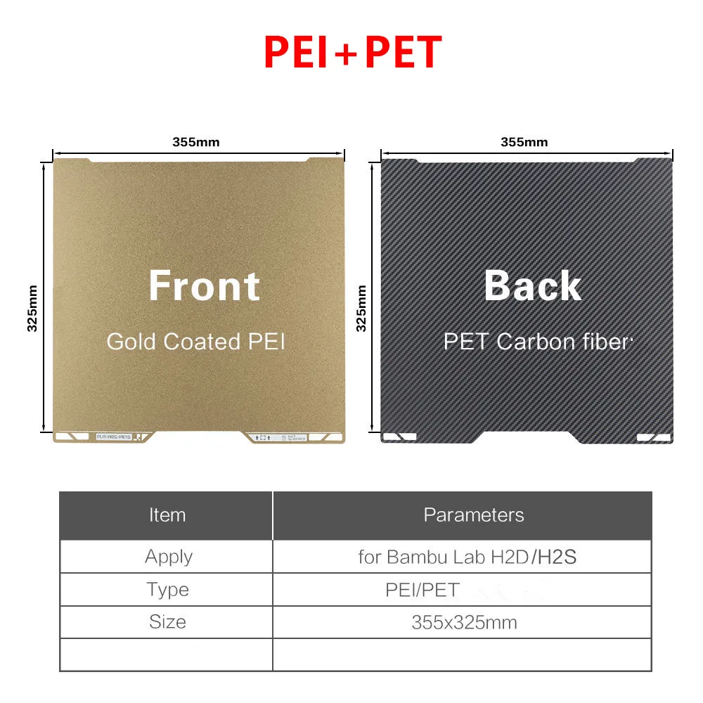 For Bambu Lab H2D Build Plate Double Side Textured/Smooth PEI PET 355x325mm Spring Steel Sheet Heat Bed for H2D 3D Printer Parts
For Bambu Lab H2D Build Plate Double Side Textured/Smooth PEI PET 355x325mm Spring Steel Sheet Heat Bed for H2D 3D Printer Parts