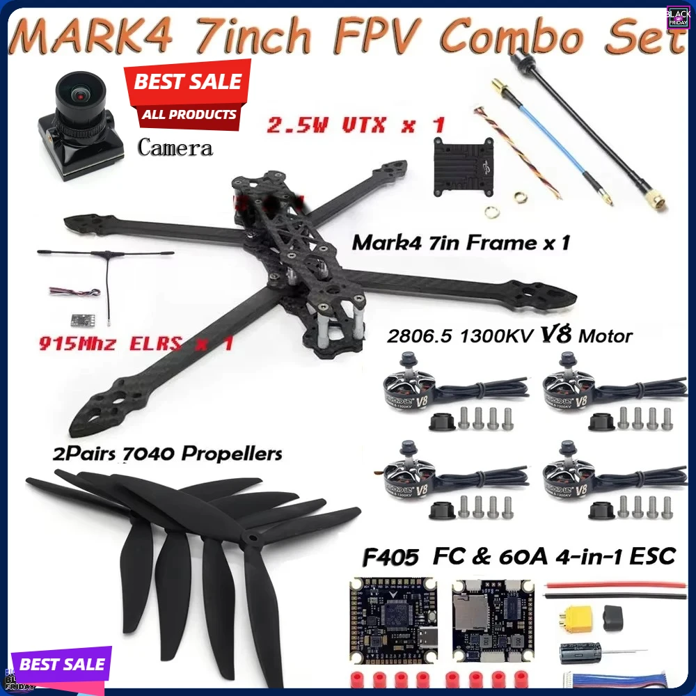 MARK4 7inch Carbon Fiber Frame Kit 2807 Brushless Motor F405 FC 60A ESC 7040 Propeller 2.5W VTX Camera for 7" FPV RC Drone DIY
MARK4 7inch Carbon Fiber Frame Kit 2807 Brushless Motor F405 FC 60A ESC 7040 Propeller 2.5W VTX Camera for 7" FPV RC Drone DIY