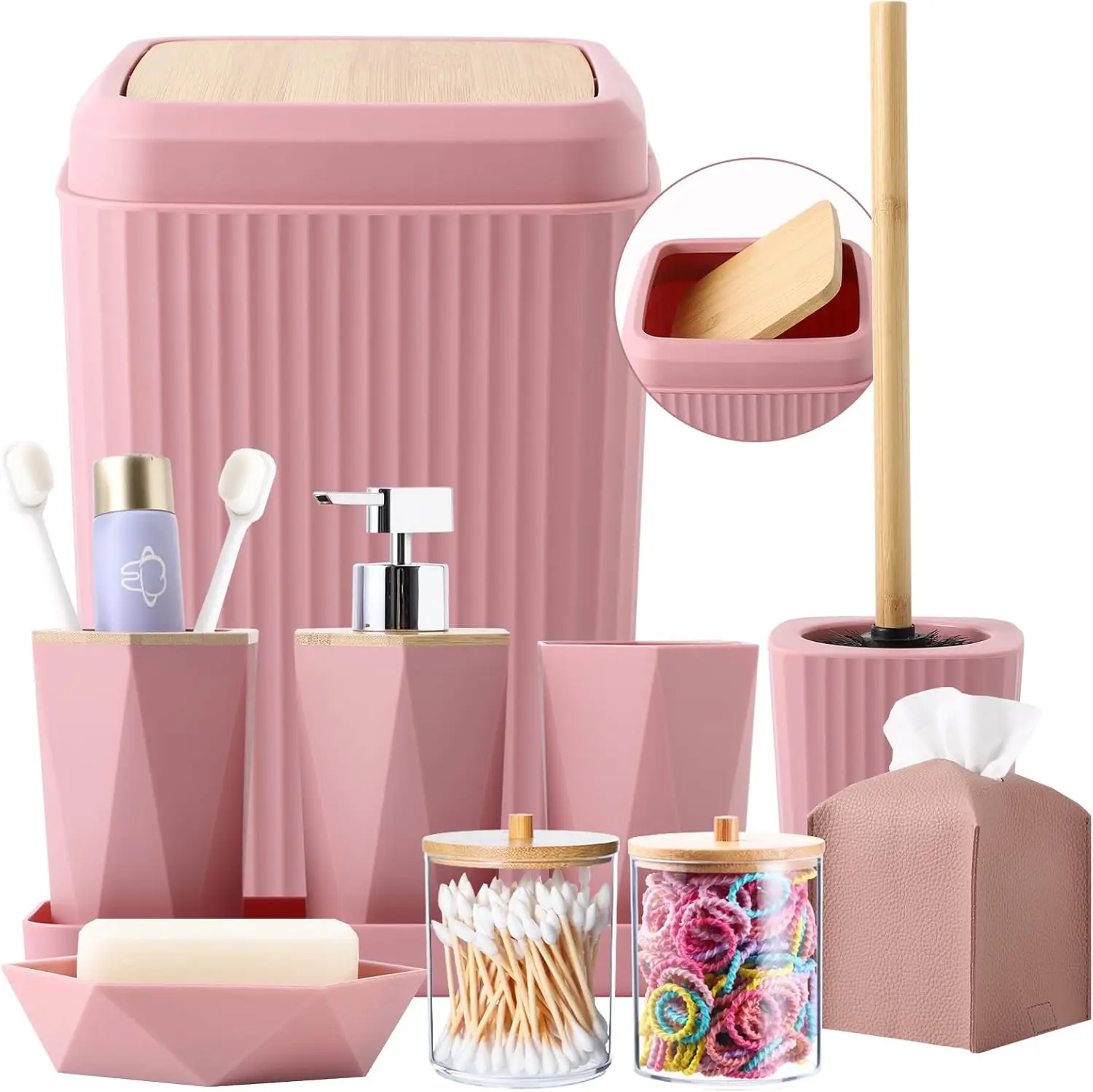 Pink Bamboo Bathroom Set, 10-Piece Accessories with Trash Can, Soap Dispenser, Toothbrush Holder
Pink Bamboo Bathroom Set, 10-Piece Accessories with Trash Can, Soap Dispenser, Toothbrush Holder