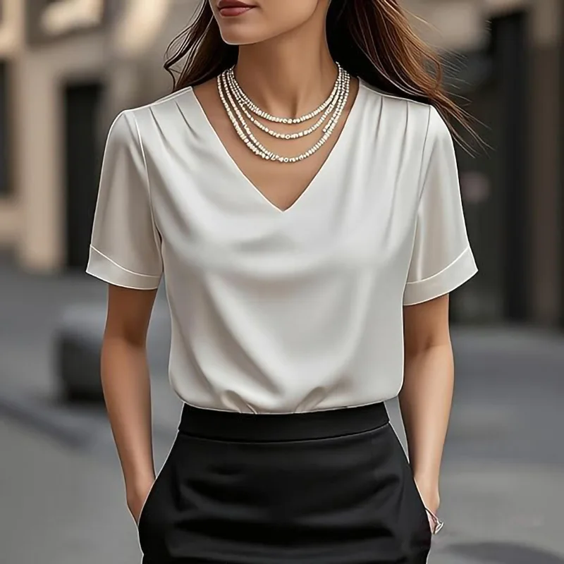 Women's Elegant Satin Short Sleeve V Neck Blouse Solid Color Summer New Casual Top Women For Daily Leisure Vacation T-shirt
Women's Elegant Satin Short Sleeve V Neck Blouse Solid Color Summer New Casual Top Women For Daily Leisure Vacation T-shirt