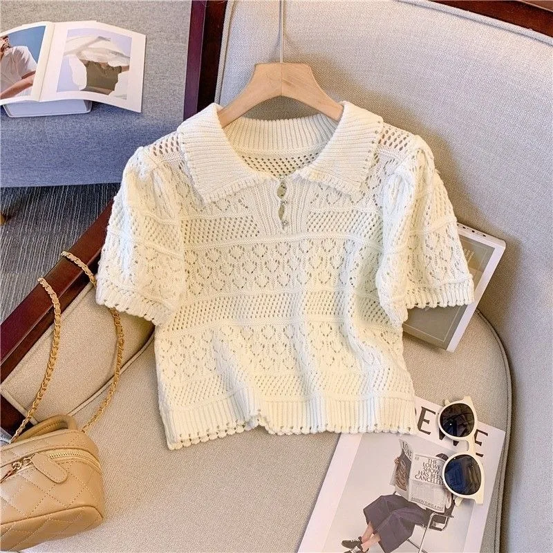 Summer Knitted T-Shirt Women's Korean Fashion Designer Hollow Jacquard Knitted Shirt Top Women's Sweet Loose POLO Collar T-Shirt
Summer Knitted T-Shirt Women's Korean Fashion Designer Hollow Jacquard Knitted Shirt Top Women's Sweet Loose POLO Collar T-Shirt