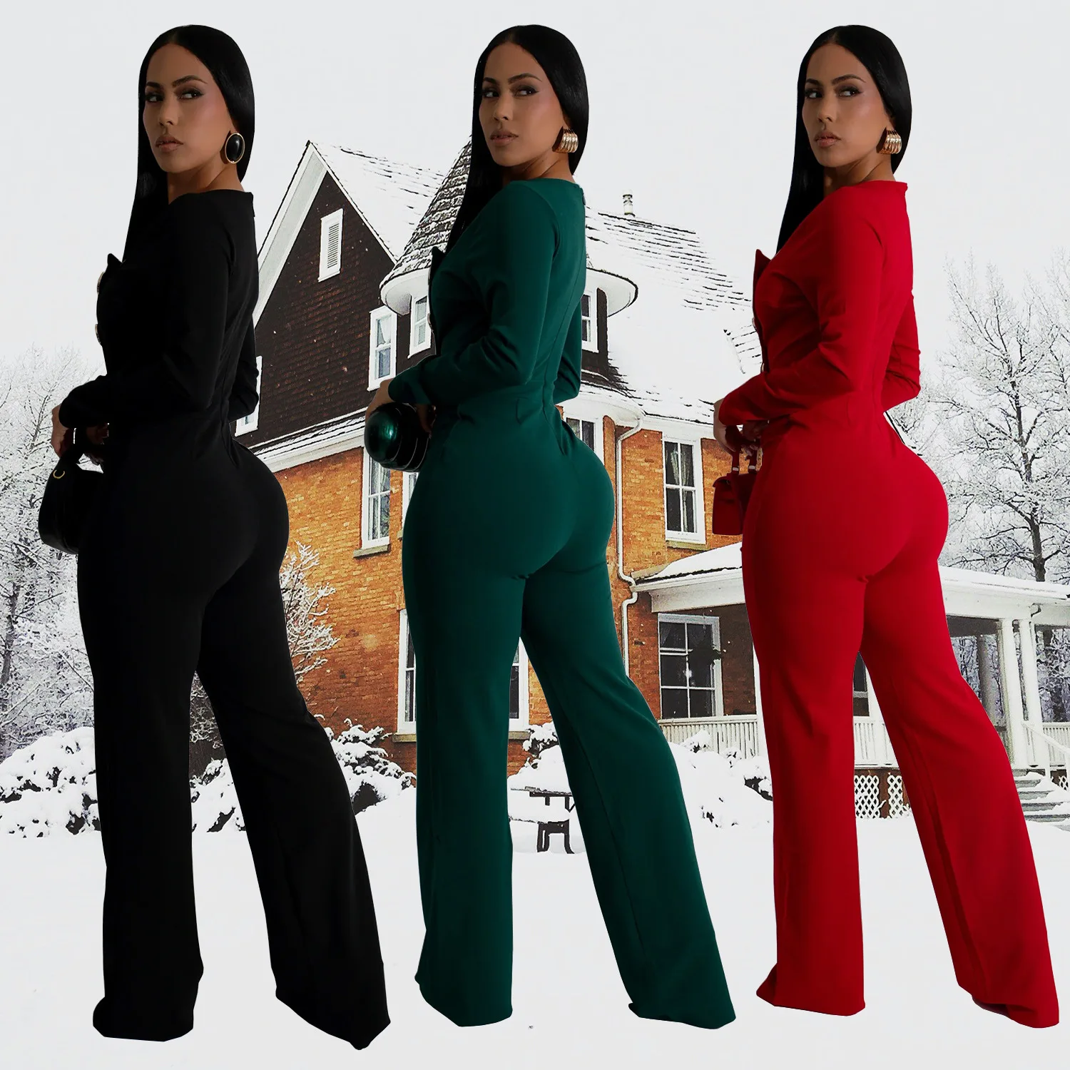 European and American fashion women's clothing long-sleeved arm-wrapped trousers slim-fitting solid-color jumpsuits
European and American fashion women's clothing long-sleeved arm-wrapped trousers slim-fitting solid-color jumpsuits