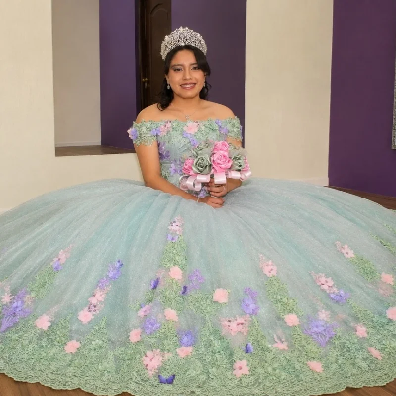 Light Green Quinceanera Dress off-shoulder Glitter Crystal 3D Flower Decal Long tail vestidos de 15 Quinceanera Customize
Light Green Quinceanera Dress off-shoulder Glitter Crystal 3D Flower Decal Long tail vestidos de 15 Quinceanera Customize