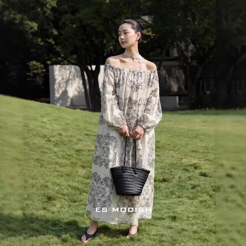Spring Fashion Long Sleeve Dress Retro Print Off Shoulder Ramie Fabric with Waist Tie
Spring Fashion Long Sleeve Dress Retro Print Off Shoulder Ramie Fabric with Waist Tie