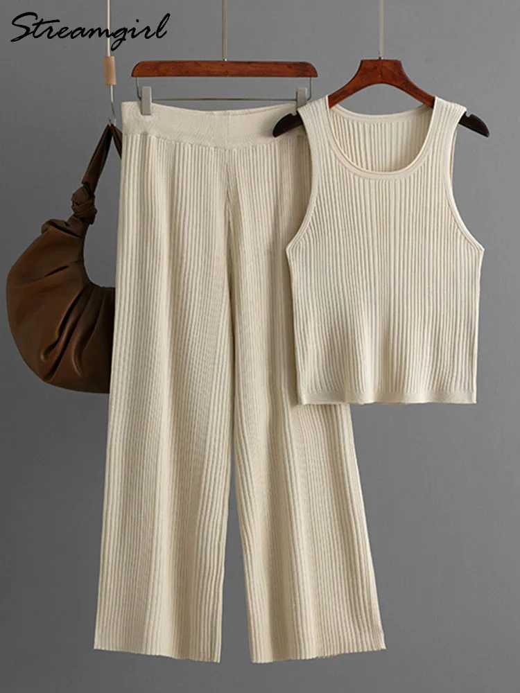 Women's Knitted Two Piece Set Summer Solid O Neck Sleeveless Tank Top Casual Women Knit Wide Leg Pants Suit Office Lady Outfits
Women's Knitted Two Piece Set Summer Solid O Neck Sleeveless Tank Top Casual Women Knit Wide Leg Pants Suit Office Lady Outfits