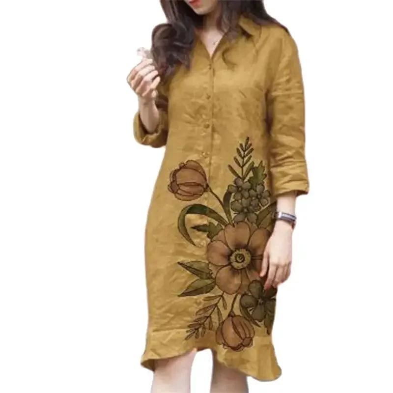 Women Elegant Large Flowers Seven-quarter Sleeve Dresses Lapel Neck Single-breasted Cardigan Gown Female Casual Midi Dress 2024
Women Elegant Large Flowers Seven-quarter Sleeve Dresses Lapel Neck Single-breasted Cardigan Gown Female Casual Midi Dress 2024